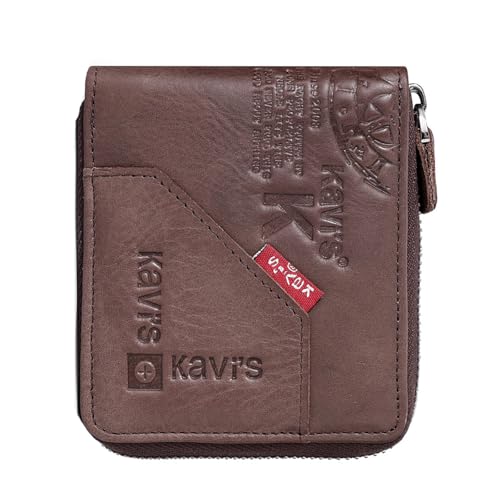 Cartera de cuero para hombre con bloqueo RFID con cierre de cremallera, cuero vintage duradero, bolsillo para monedas para uso diario, viajes, Marrón, Color sólido