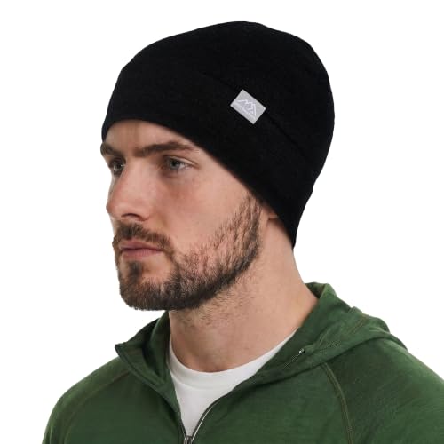 Merino Wool Beanie for Men & Women - 100% Merino Skull Cap 17.5um - All Season Unisex Adult Hat for Running, Hiking, Skiing (Black)