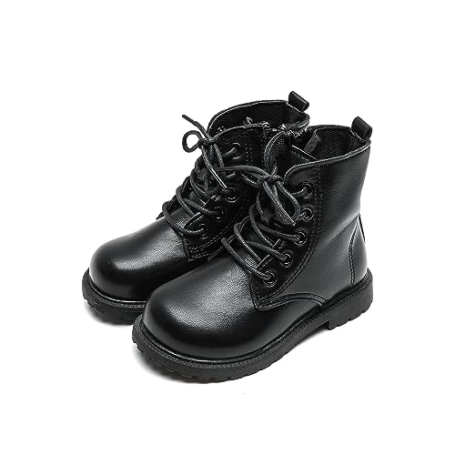 Komfyea Autumn Leather Combat Zipper Lace Up Boots Toddler/Little Kids Children Winter Ankle Boots MGV125Black25