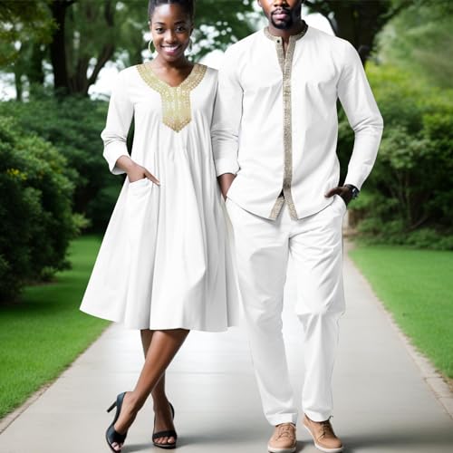 African Matching Outfit for Couples Women Appliques Print Dresses Bazin Riche Men Ankara Top Shirt and Pant Sets2