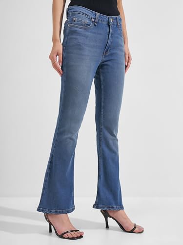 Image of Tokyo Talkies Women Blue Solid Mid Rise Bootcut Jeans