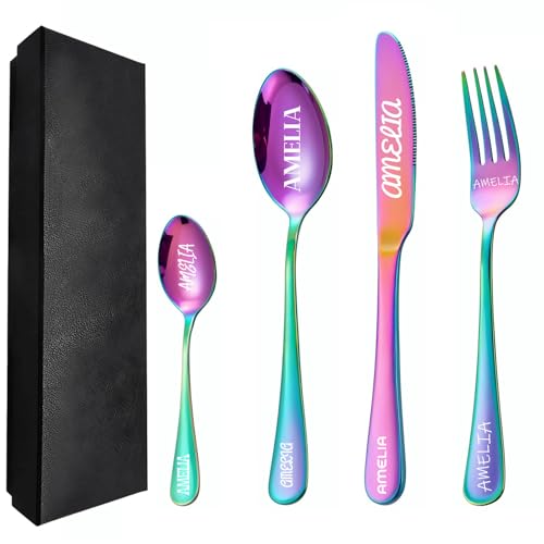 Solarix Juego de cubiertos personalizados grabados, 4 piezas por juego, acero inoxidable, cubiertos para adultos con tenedor, cuchillo, cuchara y cucharita sopera (Arcoíris)