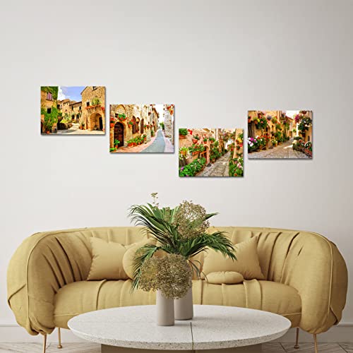 Ilooklike 4 Pieces Tuscany Town Canvas Wall Decor Italian Mediterranean Streets Scenery Pictures Painting Vintage Tuscan Village Artwork For Bedroom Living Room Decoration 12X16Inchx4Pcs (Small) #TOP1