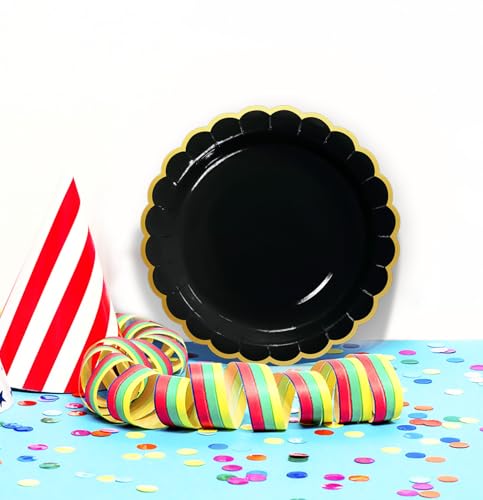 Image of HEIPINIUYE 50 Pieces Black Paper Plates with Gold Foil 7 Inch Disposable Black Scalloped Dinner Plates for Wedding Baby Shower Birthday Party Dessert Plate