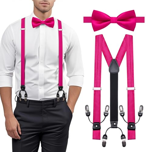 Image of YOHOWA Men Suspenders 6 Clips Strength Adjustable Y Braces Pre-Tied Bow Tie Set Formal Wedding Party