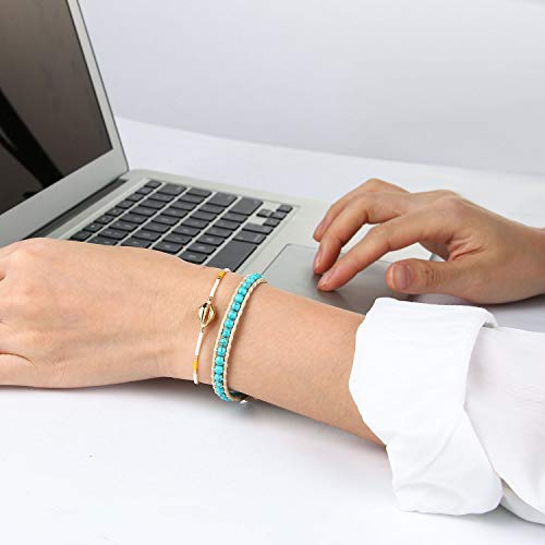 Image of C.QUAN CHI Turquoise Bracelets Handmade Woven Friendship Bracelets White Leather Adjustable Wrap Bracelets