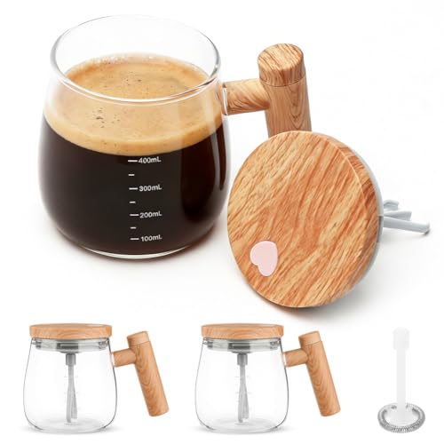 Wapasezyar Glas Selbstrührende Tasse 2er Set Elektrischer Self Stirring Mug mit 4 Rührköpfe Automatischer Rührbecher mit Deckel für Kaffee Milch Eiweißpulver Heiße Schokolade