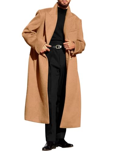 Image of Runcati Mens Wool Blend Pea Coat Notched Collar Double Breasted Long Jacket Trench Coats Classic Winter Overcoat