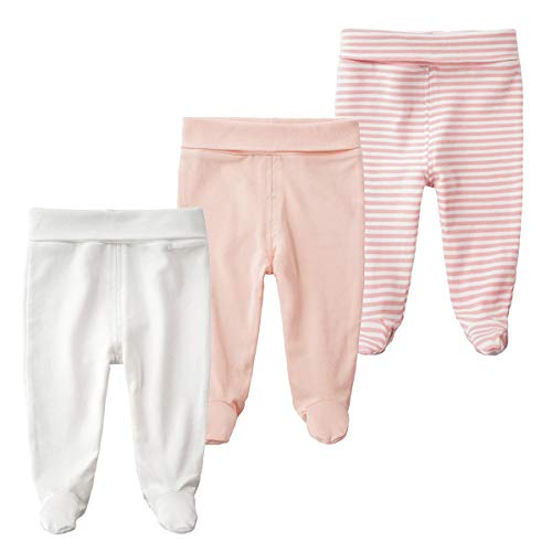 Image of ACESTAR Newborn Infant Baby Boys Girls Cotton High Waist Footed Pants Casual Leggings with Feet 0-12 Months 3-PACK/1-PACK