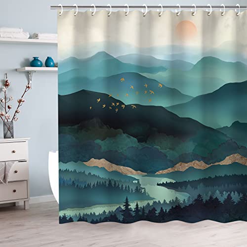 Rosielily Mountain Shower Curtain, Teal Shower Curtain For Bathroom, Cool Shower Curtain Nature Shower Curtain Hooks, Watercolor Misty Forest Sun Sunset Landscape Shower Curtain, 72Wx72H Inch #TOP1