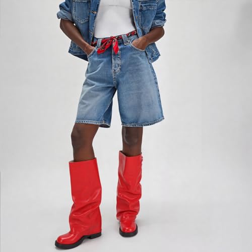 Image of EQAUDES Knee High Boots Women Fall Slouchy Fold Over Tall Boots - Motorcycle, Hidden Zipper, Fashion Buckle, Platform, Square Toe