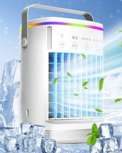 Portable Air Conditioners, 4 Speeds Evaporative Air Cooler Humidifier 600ML Waterbox Mini Air Conditioner, 2/4/6H Timer, 2 Misting Modes and LED Light, Perfect for Home Office Bedroom Camping