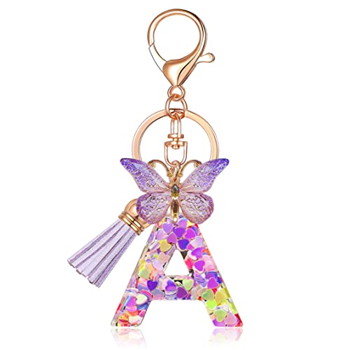 Jinguazi Initial Letter Keychains For Women Tassel Butterfly Pink Cute Car Keychain For Wallet Purses Backpack (Purple A) #TOP6