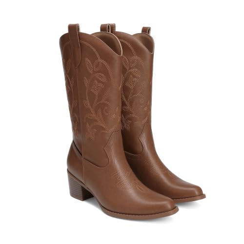 Image of DREAM PAIRS Women's Western Mid Calf Boots Cowboy | Square Toe Chunky Embroidered Boots, Suitable for Music Festivals and Everyday Outfits, Slip on Fashion Booties