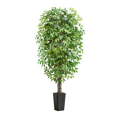 Artificial Ficus Tree 6FT Faux Plants Indoor Tall Fake Plants with Black Square Planter, Green...