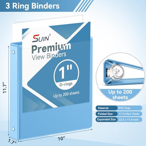 Image of SUIN 1 Inch 3 Ring Binder, Clear 1'' View Presentation Binders with 2 Pockets, Fits 8.5 x 11 Letter Size, Durable Polypropylene, Non-Stick & PVC-Free for School, Office & Home (Aqua Blue)