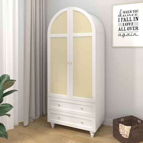 Wardrobe-Closet-Rattan-Freestanding-Bedroom-Armoire-with-2-Drawers-and-Hanging-Rod-748-Tall-Wardrobe-Storage-Cabinet-for-Living-Room-Bedroom-Apartment-White Wardrobe Closet Rattan Freestanding Bedroom Armoire with 2 Drawers and Hanging Rod 748 Tall Wardrobe Storage Cabinet for Living Room Bedroom Apartment White