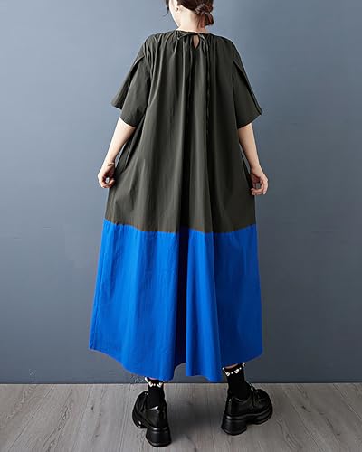 ellazhu Women's Dress Short Puffed Sleeve Patchwork Crewneck Two Side Pockets Tie-Neck Pus Size Casual Fashion Loose GZ595 A3