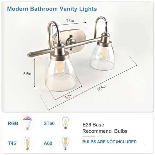 Image of Lightdot Brushed Nickel Bathroom Light Fixture, 17.5IN 2-Light Bathroom Vanity Light with Clear Glass Shades, 60W Max /120V Modern Wall Lights for Mirror Kitchen Living Room, E26 Base-Silver