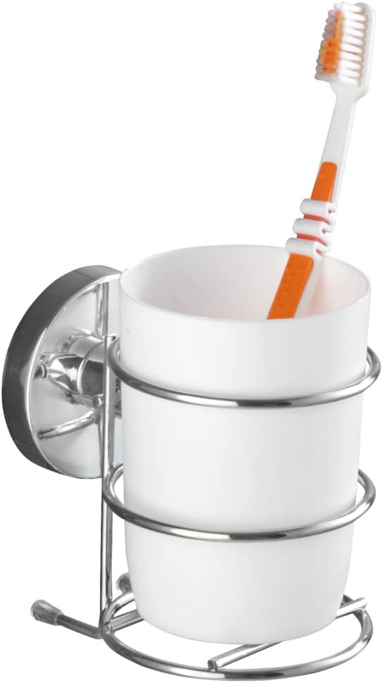 Wenko 20880100 Vacuum-Loc Wall Toothbrush Tumbler Milazzo - Fixing Without Drilling, Metal - Steel, 7.5 x 11.5 x 9.5 cm, Chrome
