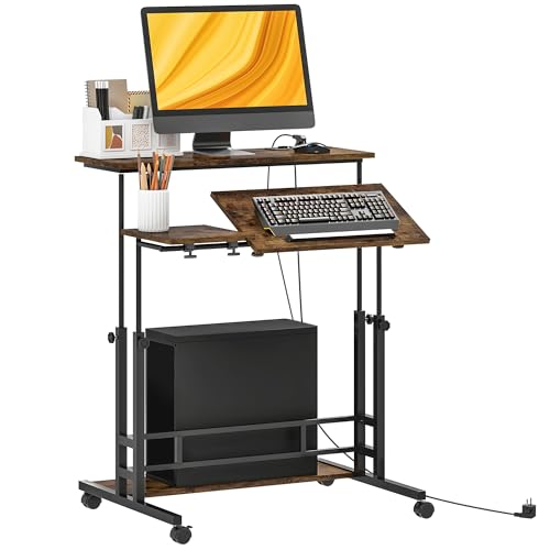 HOMCOM Height Adjustable Standing Desk with Power Outlets, Stand Up Desk with Tiltable Tabletop, Lockable Wheels, Bottom Shelf, Rolling Workstation for Home Office, Brown