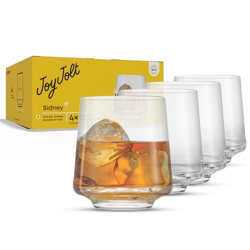 JoyJolt Sidney Double Old Fashioned Glasses Set of 4 | 11.5 oz Rocks Whiskey Glasses for Bourbon Scotch Cocktail Cognac Vodka | Home Bar Lowball Glass Tumblers | Premium Crystal Barware Made in Europe