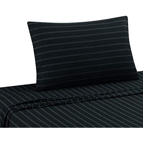 DELANNA Jersey Knit Sheet Set Soft, Breathable, Cotton Rich T-Shirt Weave (BLACK STRIPE, TWIN) Cover