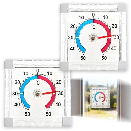 2 Pack Indoor Outdoor Thermometer, Analog Window Thermometer Weatherproof, Self-Adhesive Outdoor Thermometer for Door & Window, -50°C to +50°C Temperature Gauge, 7.5×7.5 cm