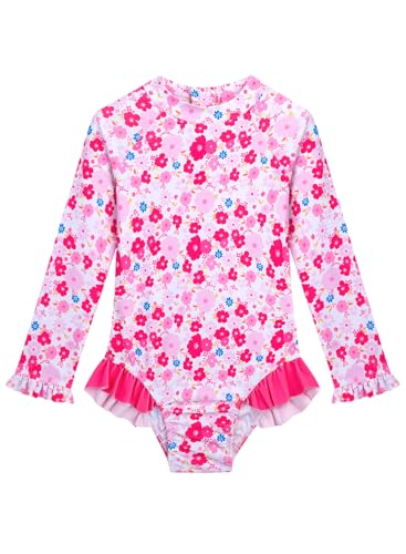 Image of Baby Toddler Girl Long Sleeve Ruffle Swimsuit One Piece Zipper Rash Guard Bathing Suit with UPF 50+ Sun Protection