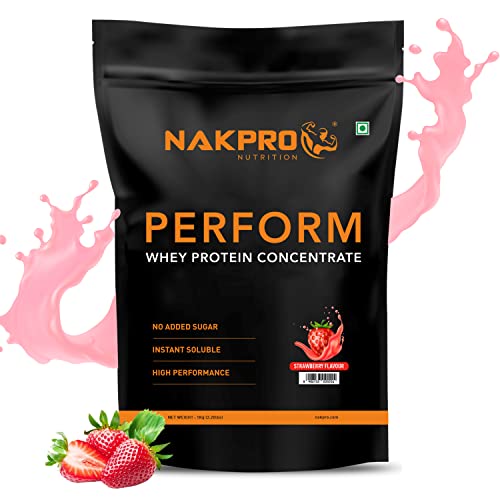 Image of NAKPRO PERFORM Whey Protein Concentrate - 24g Protein, 5.7g BCAA & 4.7g Glutamine (30 Servings) & Perform Whey Protein with Digestive Enzymes, Whey Protein Supplement Powder - Strawberry (30 Servings)