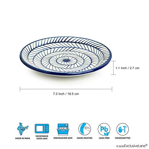 Image of ExclusiveLane 'Indigo Chevron' Handpainted Ceramic Side Plates & Ceramic Quarter Plates(7 Inch, Set of 2, Dishwasher & Microwave Safe) Ceramic Plates for Dinner Serving Plates Starter Snacks Plates