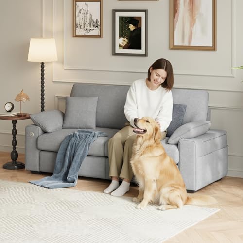 Image of MALOL 76 inch Loveseat Couch, 3 Seater Upholstered Midcentury Mondern Love Seat with USB Type C Ports, 4 Pillows and Storage Armrest Cloud Foam Sofa for Living Room /Small Spaces, Grey | Breathable material