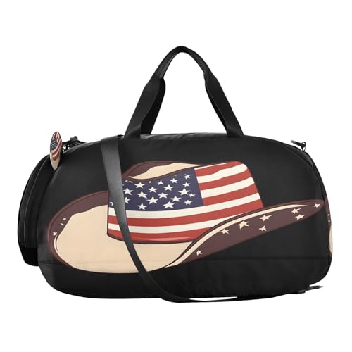 Gym Travel Duffle Bag for Boys Girls Usa Flag Cowboy Hat Sports Dance Bag with Shoe Compartment & Wet Pocket Football Kids Travel Bag Teens Sleepover Carry2