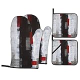 MIFSOIAVV Modern Abstract Art Black Oven Mitts and Pot Holders Sets of 4 White Red Kitchen Mitts Hea