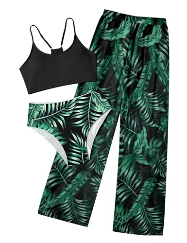 Image of NECIOUS Girls Swimsuit, 3 Piece Bikini Bathing Suit Tropical Floral Swimwear with Cover Up Pants 7-16Y