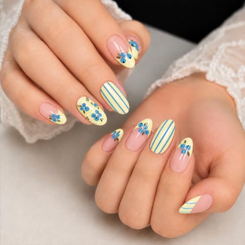 Image of Secret Lives Glossy Press-On Nails, Pink Almond Fake Nails with Blue Flower & Striped Yellow French Tip Design Artificial Nail Art, 24-Piece Set with Kit