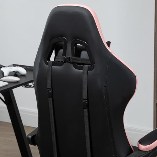 Sedia da Gaming Ergonomica in Pelle PU e Acciaio con Poggiatesta e Altezza Regolabile, Poltrona Gaming con Schienale Reclinabile e Cuscino Lombare, 65x65x121-129 cm, Nero e Rosa - Sedia gaming - Immagine 7