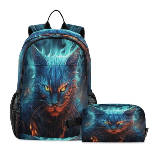 Sac d'école chat flammes bleues résistant avec kit repas isotherme