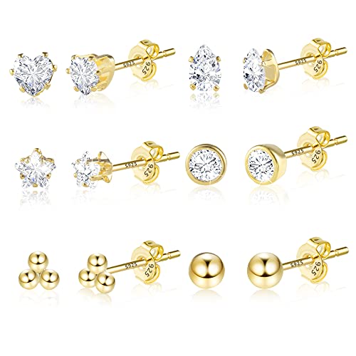 6 Pairs 14K Small Gold Plated Cubic Zirconia Stud Earrings Set Hypoallergenic Cartilage CZ Post Earring Tiny Synthetic Diamond Earring Studs