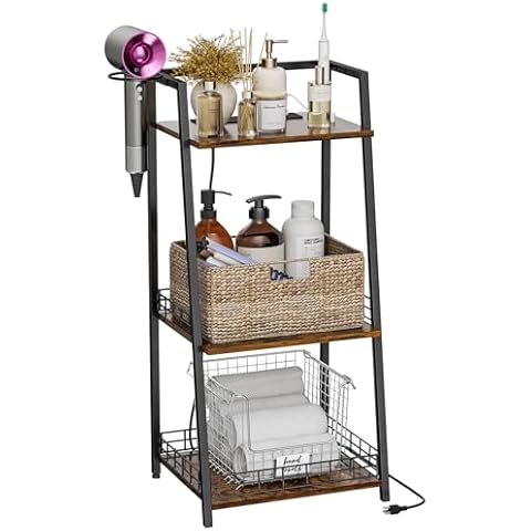 3-Tier Bathroom Shelves with Charging Station, USB Ports and Outlets, Bathroom Organizers and Storage with Hair Dryer Holder, Storage Shelves for Small Spaces, Bathroom, Laundry Room, Living Room Cover
