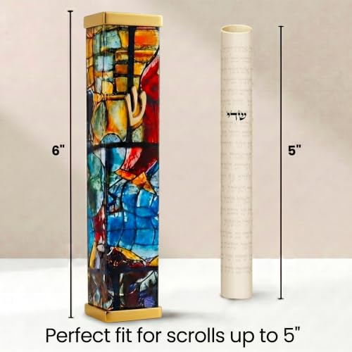 Image of SURI Mezuzah with Scroll for Door | 6 Inch Modern Aluminum Mezuzah Case | Fits 5 Inch Scroll | Gold & Silver Chagall-Inspired Design | Self Adhesive Easy Install | Judaica Jewish Gift