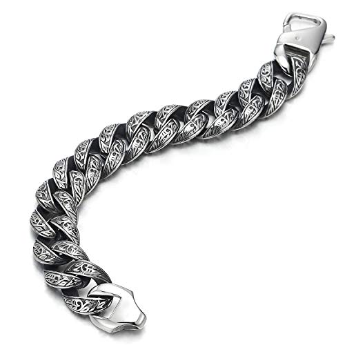 COOLSTEELANDBEYOND Mens Stainless Steel Vintage Fancy Curb Chain Bracelet with Tribal Tattoo Pattern, Retro Style, 8 inches4