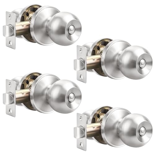 Probrico 4 Pack Interior Round Privacy Door Knobs Door Lock Keyless Lockset Doorknobs for Bed and Bath in Satin Nickel Adjustable Latch Backset