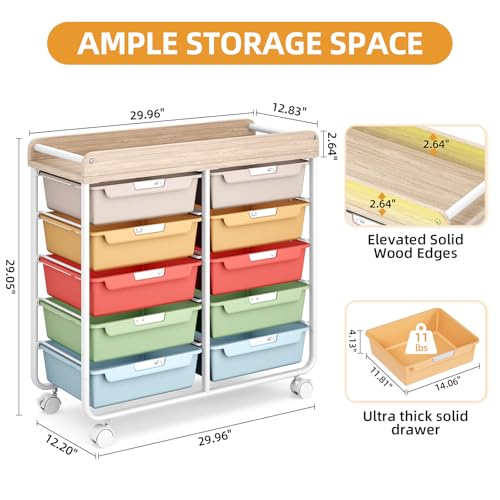 10 Drawers Rolling Cart with Wooden Tabletop, Utility Storage Cart with Wheels, Art Supply Craft Organizer on Wheel with Metal Frame & Handles for Home Office School,Colorful by APEXCHASER - Image 2