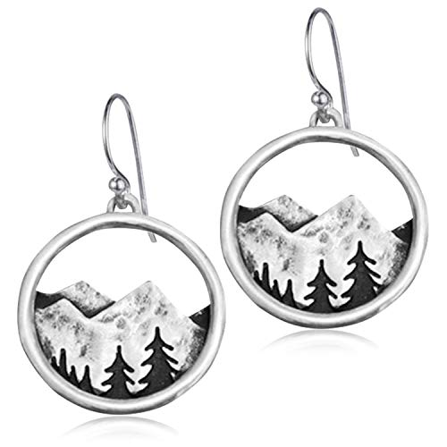 ANDPAI Unique Handmade Vintage Retro Silver Mountain Dangle Drop Earrings with Tree Pattern for Women Statement Outdoor Enthusiast Jewelry Gifts