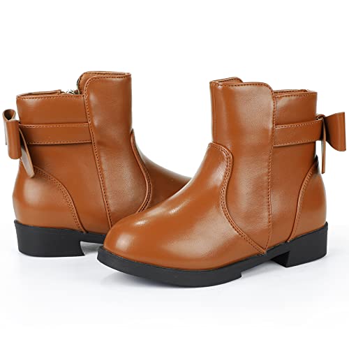 PANDANINJIA Polly Girls Boots Toddler Kids Ankle Boots Dress Short Bow Booties with Side Zipper (Brown Pu, 13 M US Little Kid)4