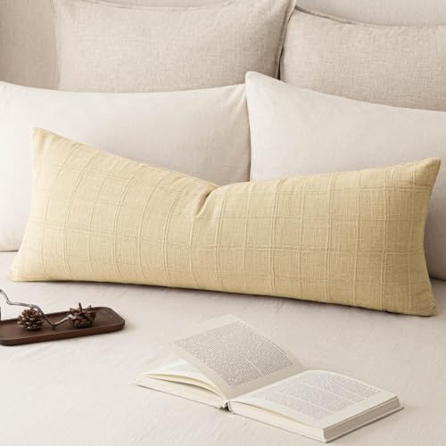 Image of Foindtower Set of 1 Decorative Linen Check Throw Pillow Cover Neutral Long Body Lumbar Cushion Cover Farmhouse Vintage Boho Home Decor for Sofa Chair Couch Bedroom Living Room,14x36 Inch,Light Yellow