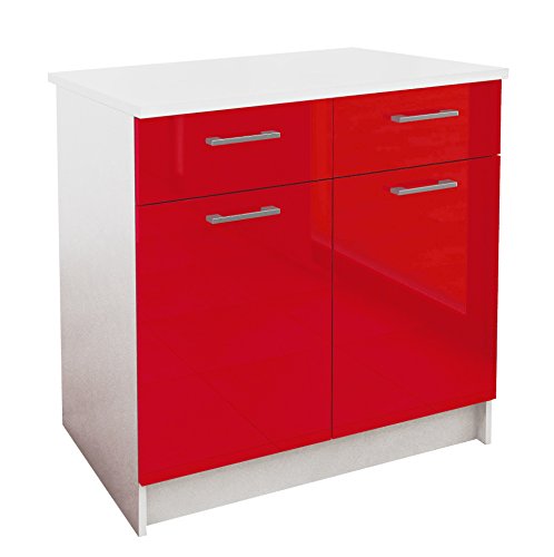 Berlioz Creations PRIMA PG8BTR Meuble Bas de Cuisine avec Plan de travail , 2 Portes + 2 tiroirs décors Rouge Brillant 80 x 60 x 85 cm, Fabrication 100% Française