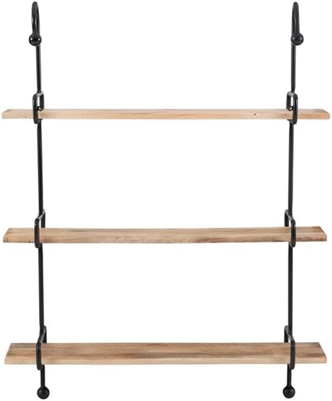 Pemberly Row Modern Wall Shelves, 31" L x 8.5" D x 39" H, Natural Mango Wood with Black Powder Coated Metal Frame, 3-Tier, Industrial Style Display Shelf for Living Room, Kitchen, Bathroom, Hallway