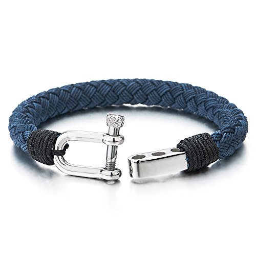 COOLSTEELANDBEYOND Large Braided Cotton Rope Mens Womens Stainless Steel Nautical Screw Anchor Shackle Wrap Bracelet4